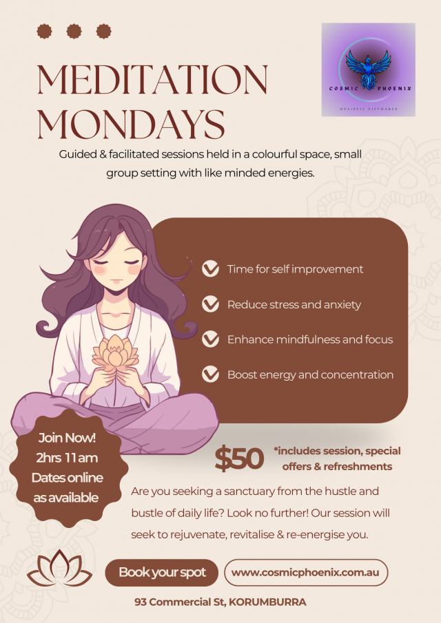 Book now or enquire online or instore about our Monday Meditation Sessions. The cost of $50 covers 2 hours of peaceful meditation session, special instore offers and refreshments to revitalise with discussions after the session. Every week will be differ